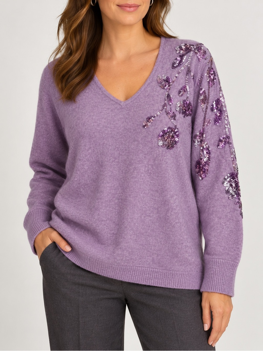 Chico's Lavender V-Neck Sweater with Sequin Floral Shoulder - Picture 3 of 7
